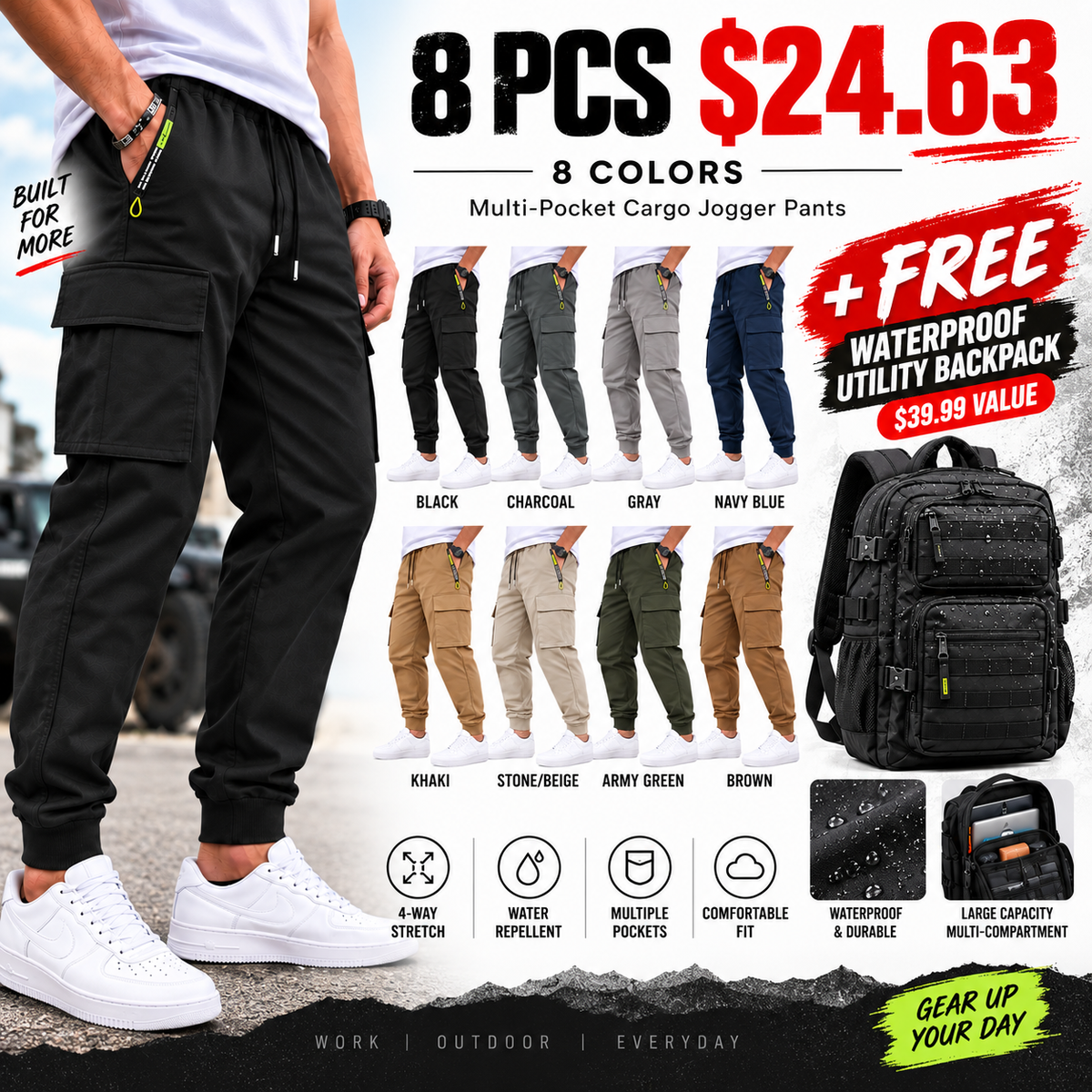 💚 BESTSELLER | 8PCS $24.63 | Men’s Multi-Pocket Cargo Jogger Pants
