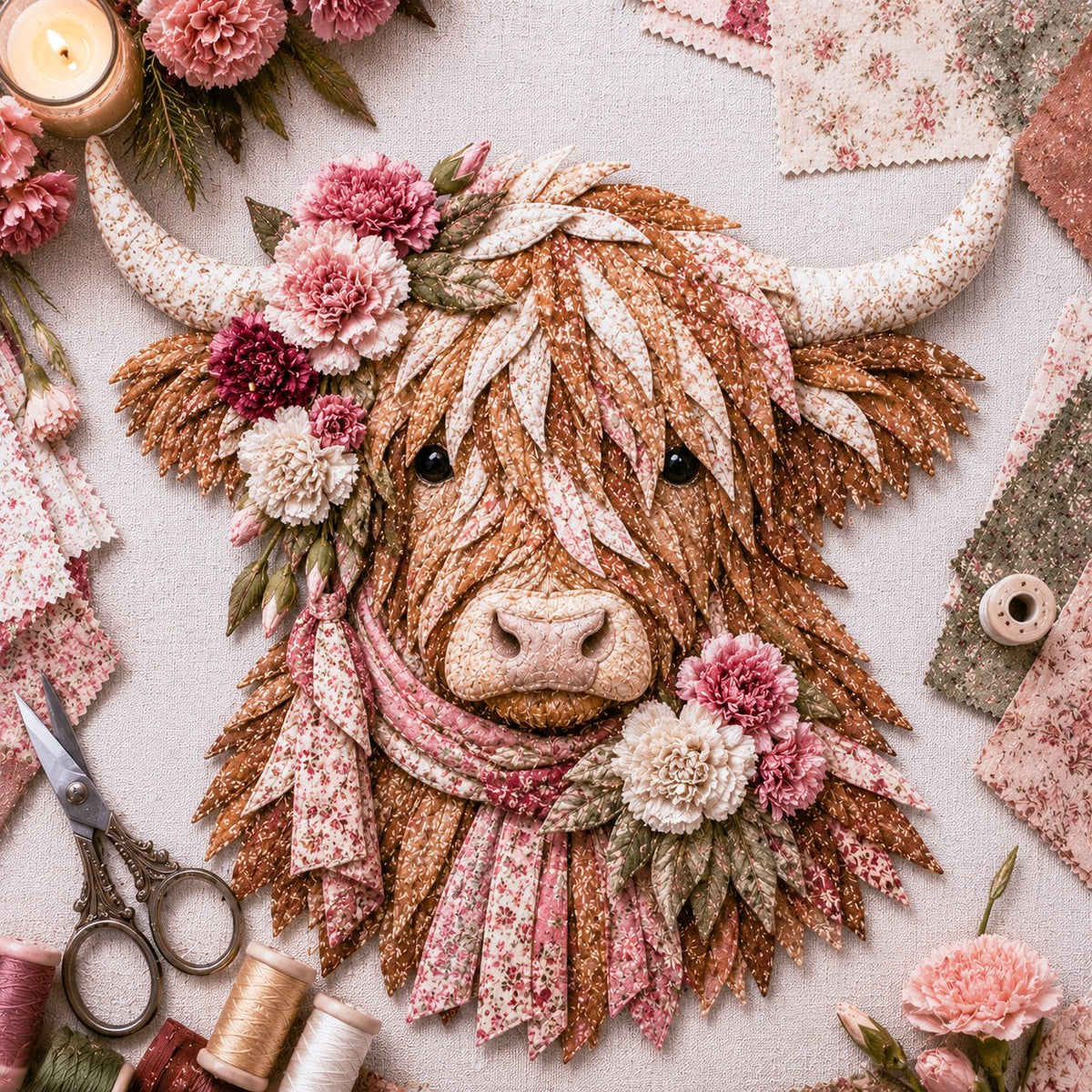 🌸 Birth Flower Highland Cow Fabric Art Diy Kit