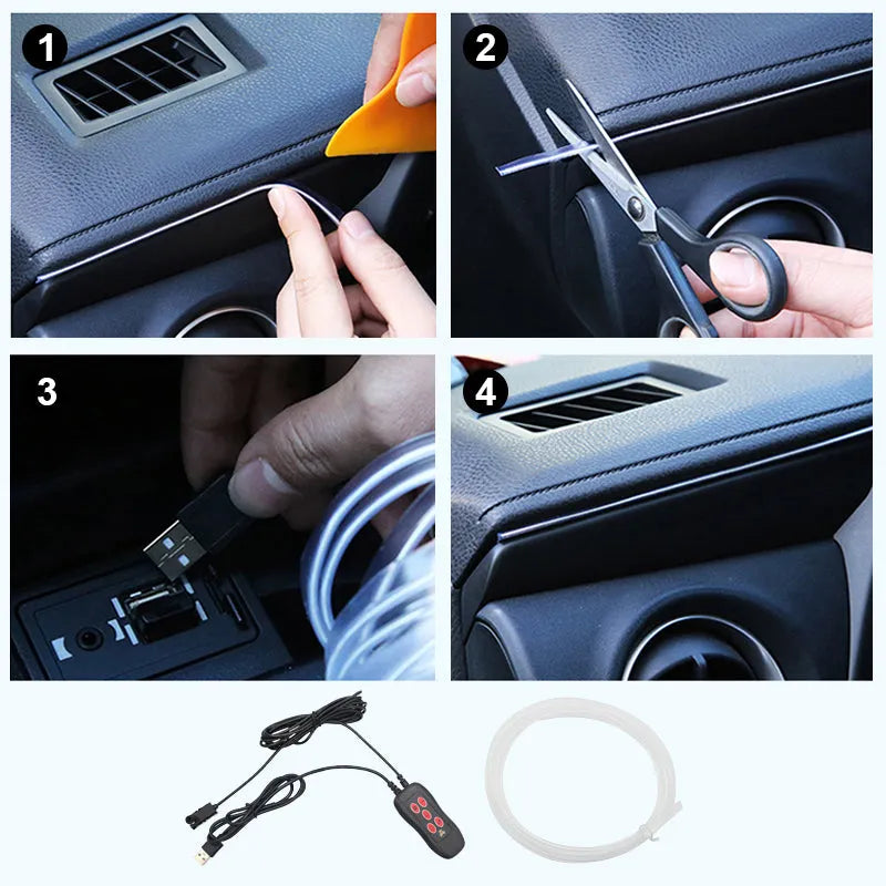 🌈64 Color Fiber Optic Car Ambient Light, No Wiring Cold Light Strip, Bluetooth APP Control Hidden Interior Atmosphere Decor Light for All Vehicles