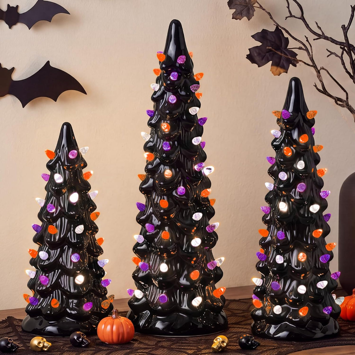 Best Choice Products Set of 3 Ceramic Christmas Trees, Pre-Lit Hand-Painted Tabletop Holiday Decoration w/Multicolor Bulbs, LED Lights – Green