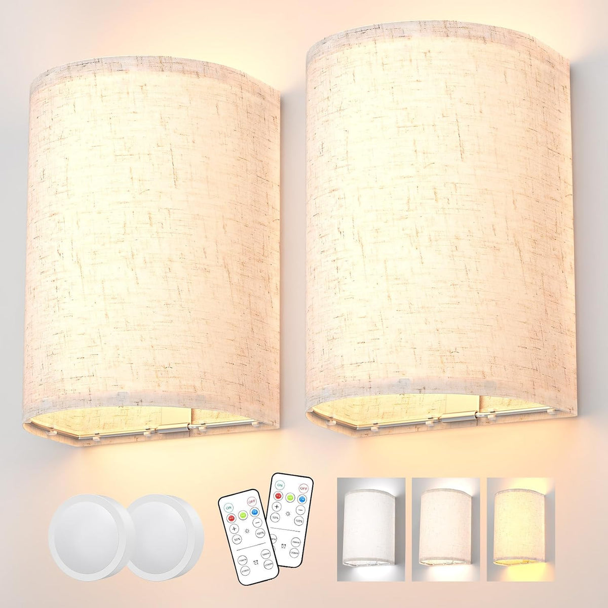 Wireless Wall Sconces Set of 2, Rechargeable LED Wall Lamps with Remote Control, 3 Color Dimmable Lighting with Timer for Bedroom, Living Room & Modern Home Decor