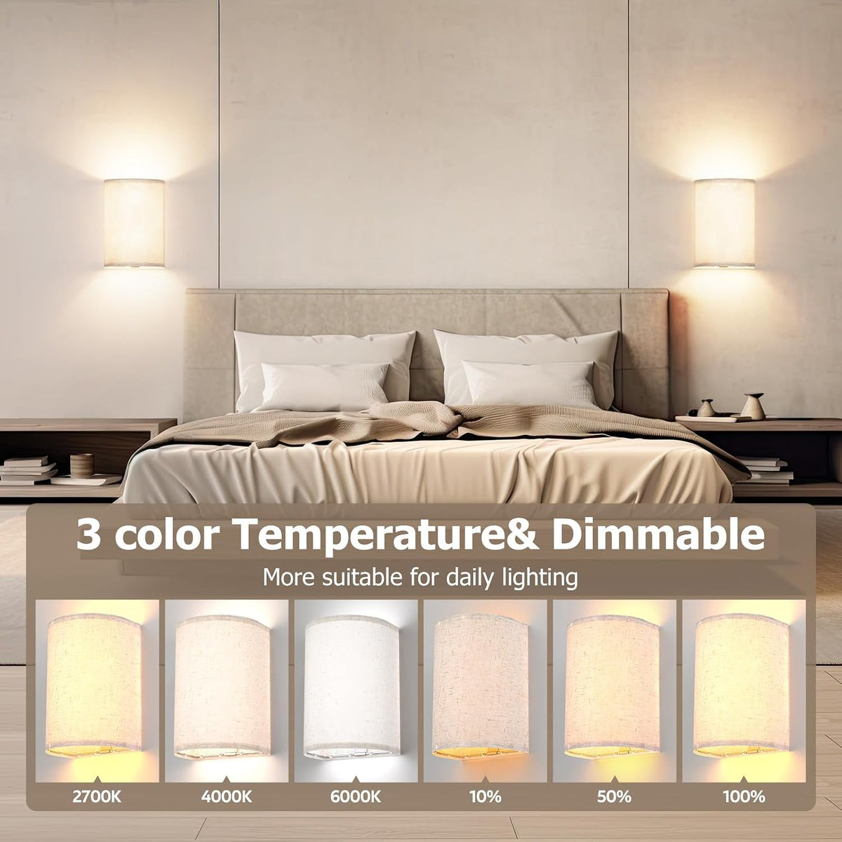 Wireless Wall Sconces Set of 2, Rechargeable LED Wall Lamps with Remote Control, 3 Color Dimmable Lighting with Timer for Bedroom, Living Room & Modern Home Decor