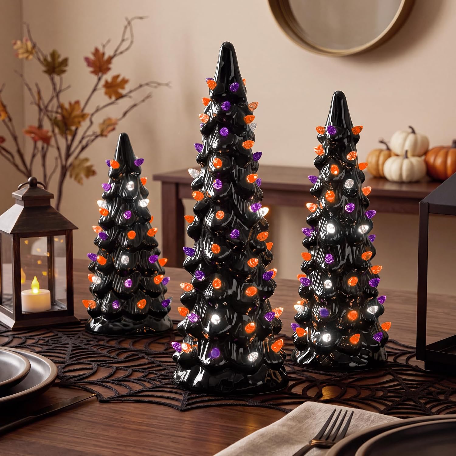 Best Choice Products Set of 3 Ceramic Christmas Trees, Pre-Lit Hand-Painted Tabletop Holiday Decoration w/Multicolor Bulbs, LED Lights – Green