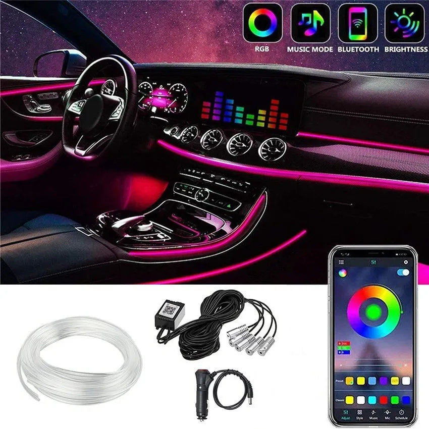 🌈64 Color Fiber Optic Car Ambient Light, No Wiring Cold Light Strip, Bluetooth APP Control Hidden Interior Atmosphere Decor Light for All Vehicles