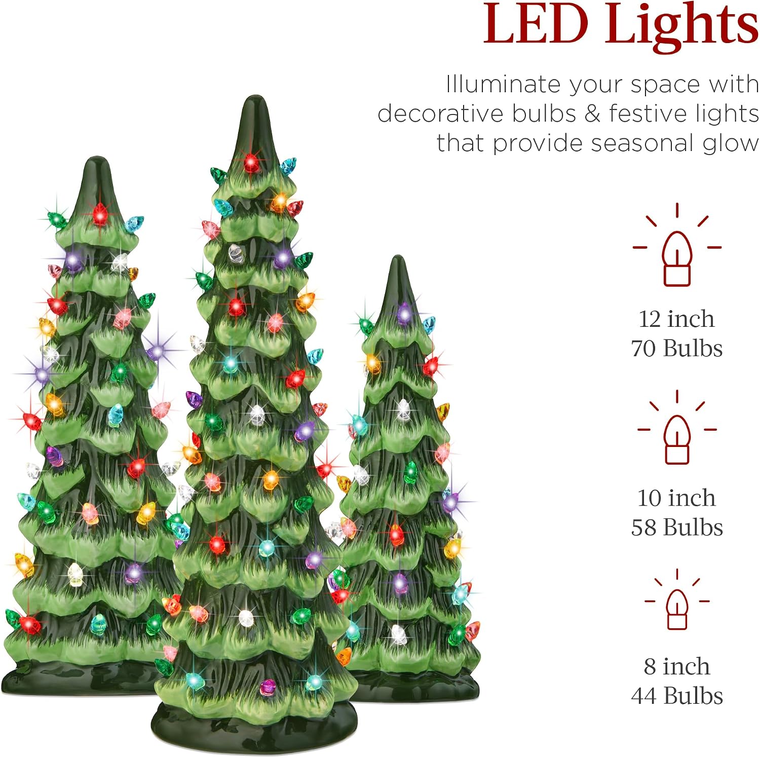 Best Choice Products Set of 3 Ceramic Christmas Trees, Pre-Lit Hand-Painted Tabletop Holiday Decoration w/Multicolor Bulbs, LED Lights – Green