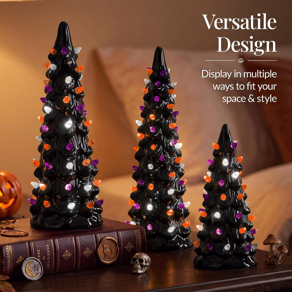 Best Choice Products Set of 3 Ceramic Christmas Trees, Pre-Lit Hand-Painted Tabletop Holiday Decoration w/Multicolor Bulbs, LED Lights – Green