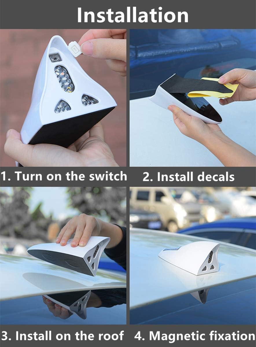 Shark Fin Warning Light not Antenna, Solar Power 18 LED 8 Mode Car Roof Lamp Aerial Base, Magnetic Mount, Waterproof Shark Fin Replacement for Car, with Remote Control