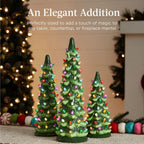 Best Choice Products Set of 3 Ceramic Christmas Trees, Pre-Lit Hand-Painted Tabletop Holiday Decoration w/Multicolor Bulbs, LED Lights – Green