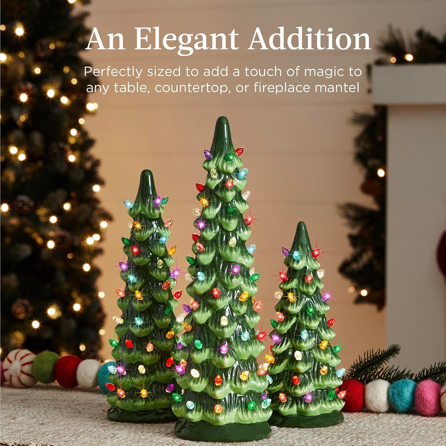 Best Choice Products Set of 3 Ceramic Christmas Trees, Pre-Lit Hand-Painted Tabletop Holiday Decoration w/Multicolor Bulbs, LED Lights – Green
