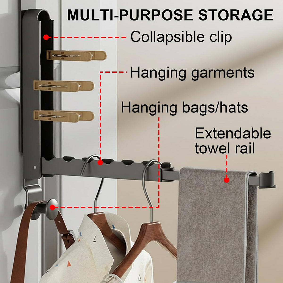 Foldable Over-the-Door Clothes Drying Rack with Hooks & Towel Bar