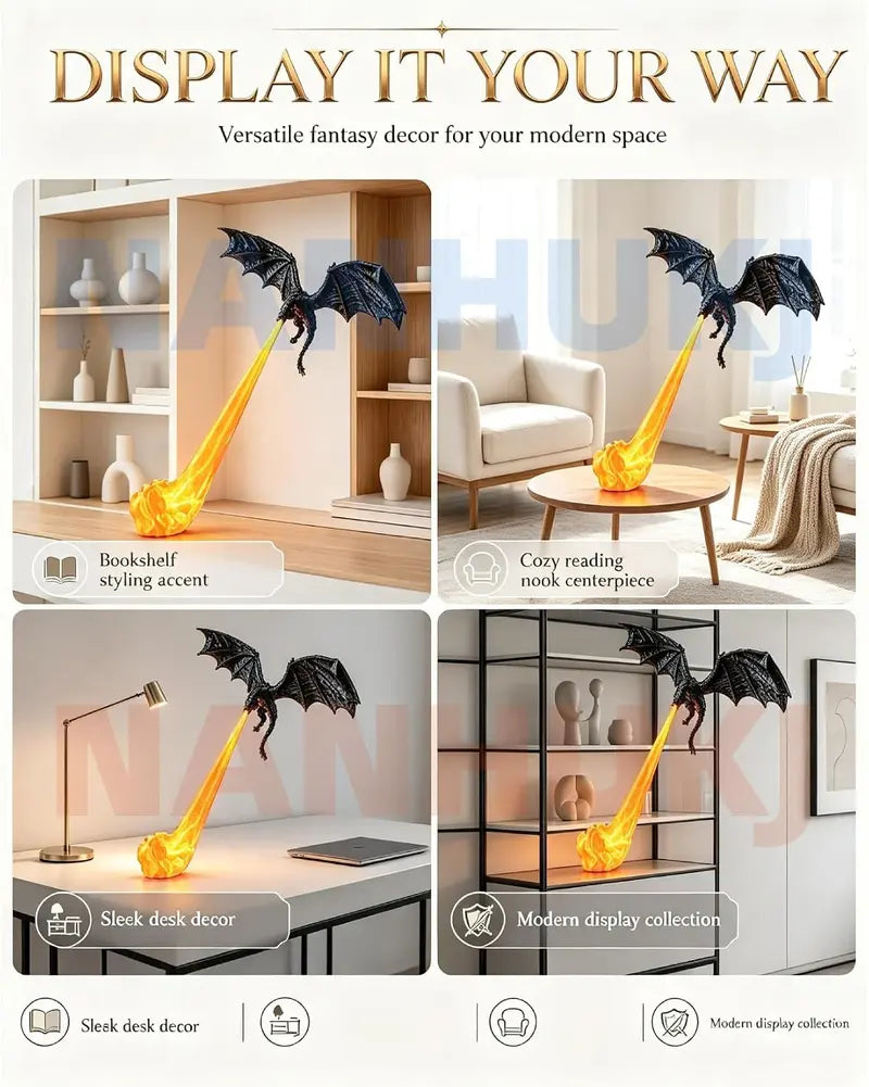 Dragon Flame Book Nook with LED Light – 3D Printed Dragon Bookshelf Decor