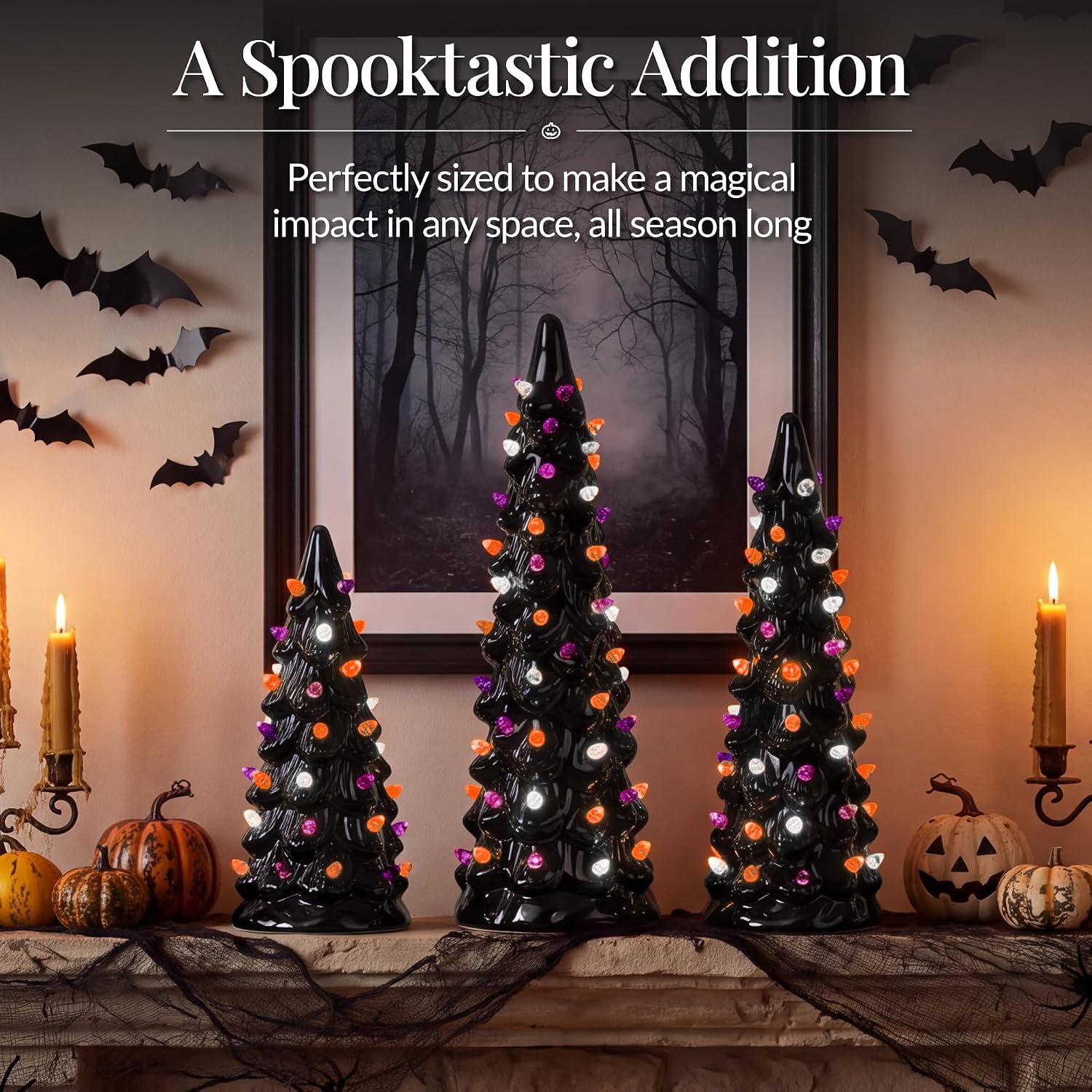 Best Choice Products Set of 3 Ceramic Christmas Trees, Pre-Lit Hand-Painted Tabletop Holiday Decoration w/Multicolor Bulbs, LED Lights – Green