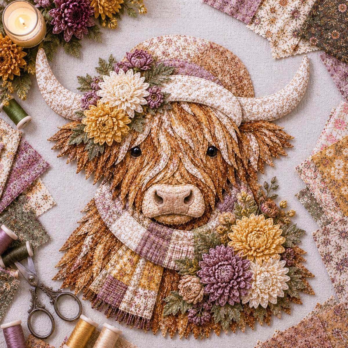 🌸 Birth Flower Highland Cow Fabric Art Diy Kit
