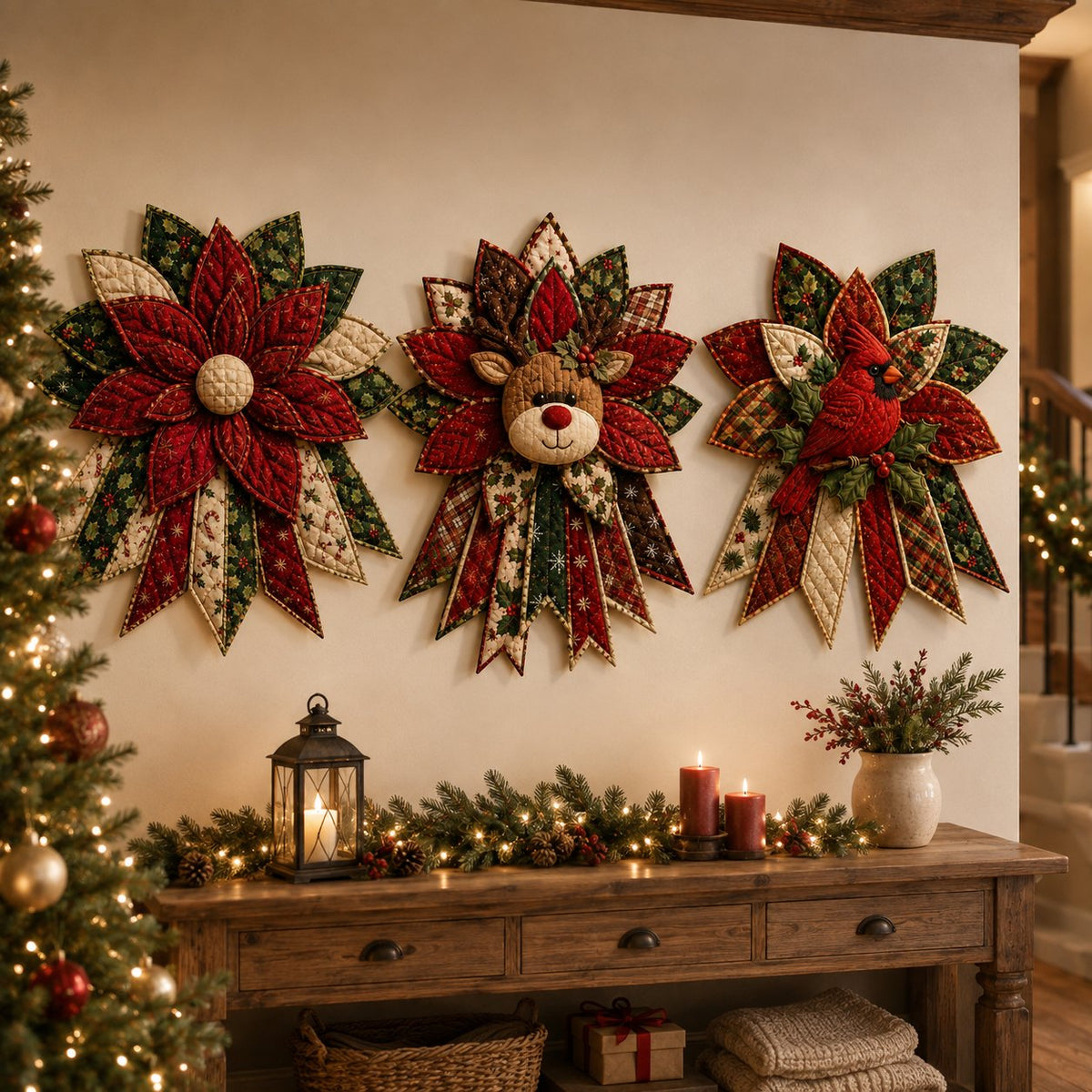 Crimson Poinsettia Bloom - Oversized Christmas Character Quilted Door Hanger Sewing Kit