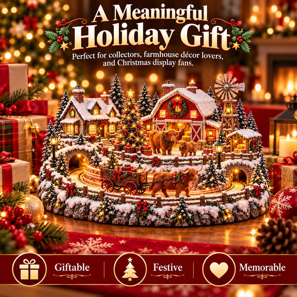 🐮 Highland Cow Christmas Farm Village – Lighted Farmhouse Holiday Scene