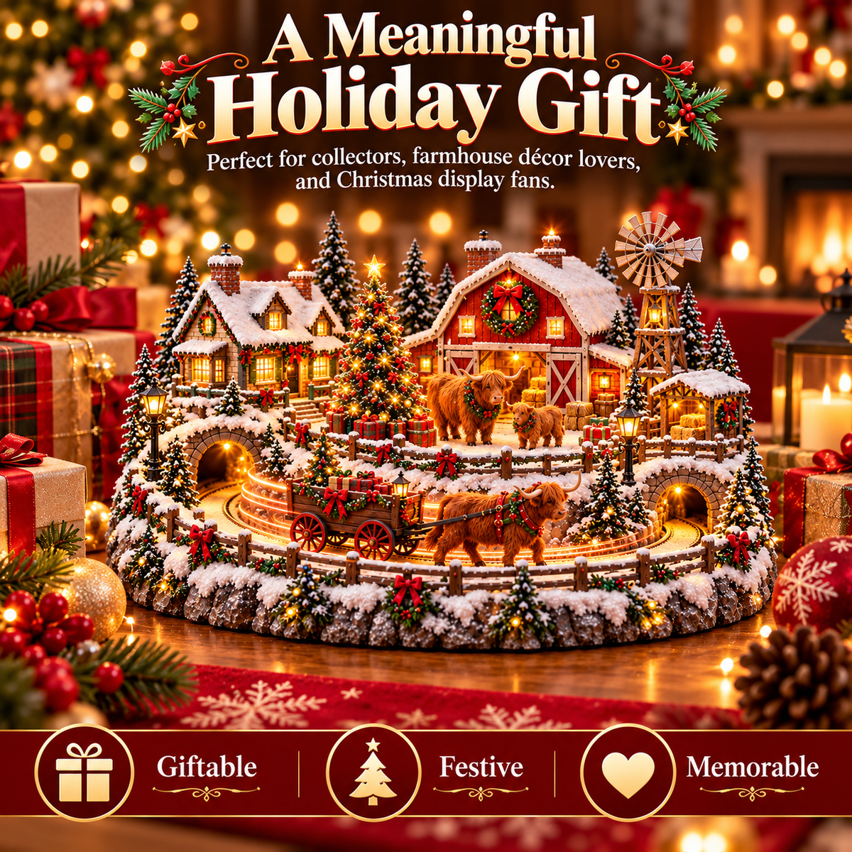 🐮 Highland Cow Christmas Farm Village – Lighted Farmhouse Holiday Scene
