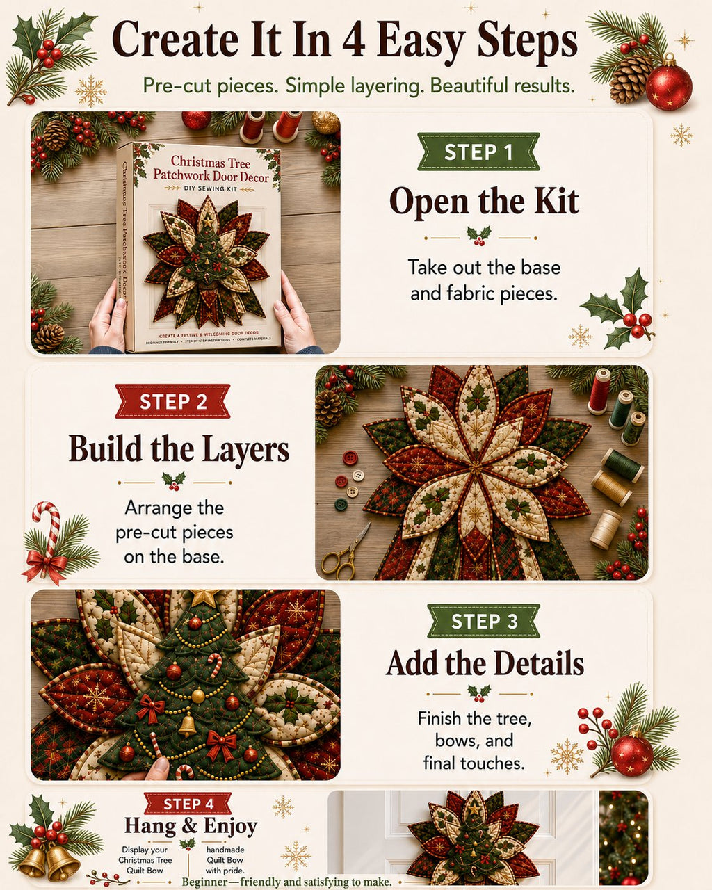 Crimson Poinsettia Bloom - Oversized Christmas Character Quilted Door Hanger Sewing Kit