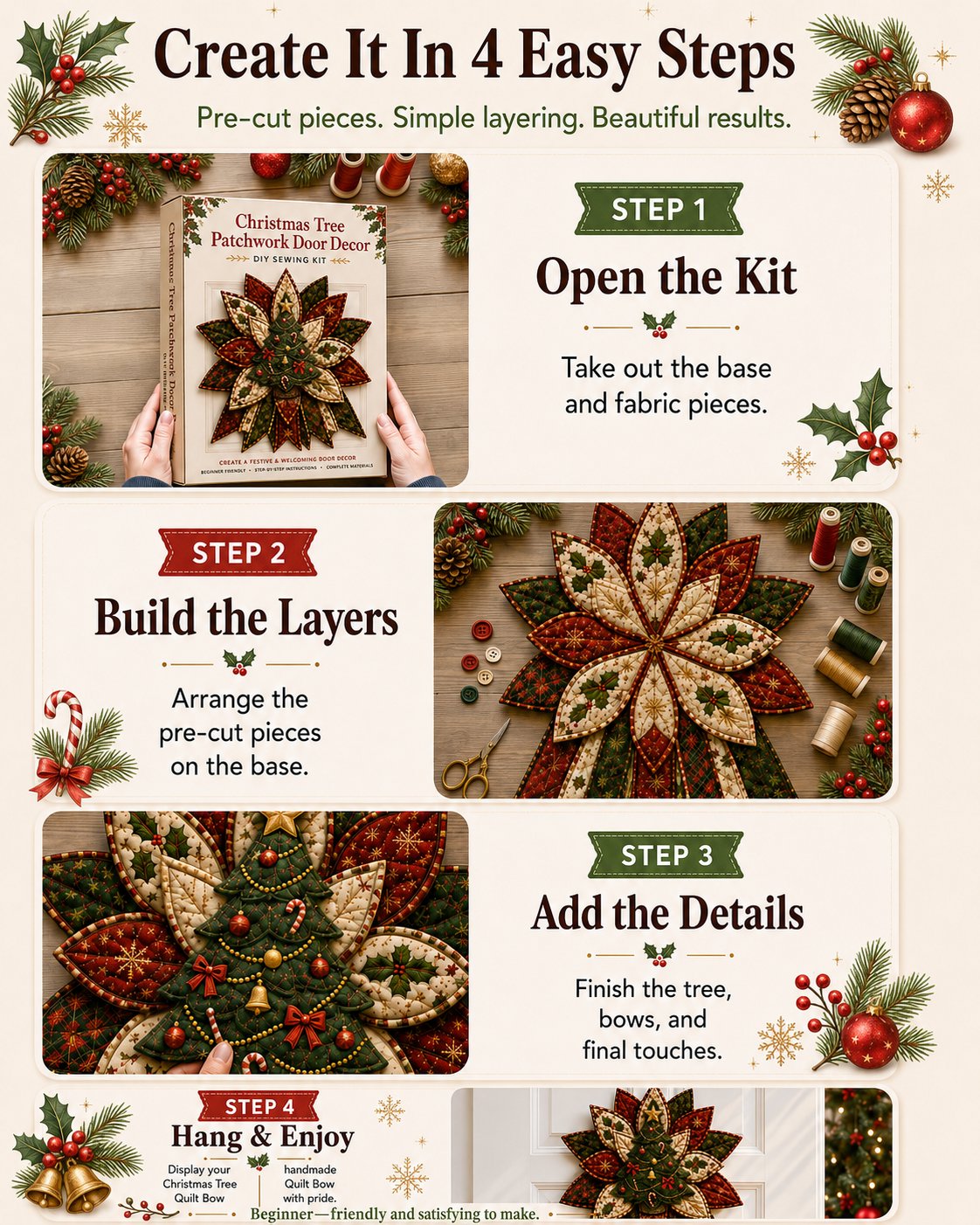 Crimson Poinsettia Bloom - Oversized Christmas Character Quilted Door Hanger Sewing Kit