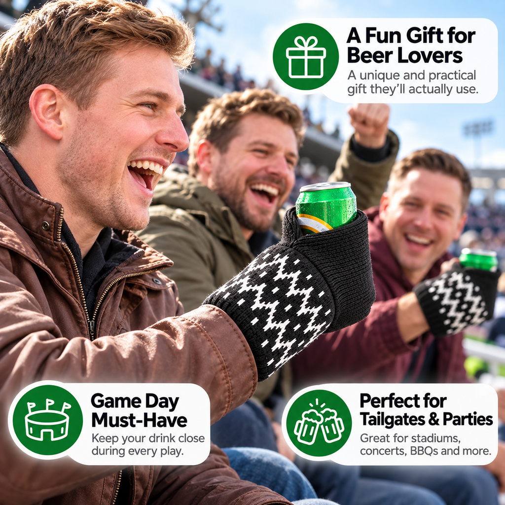Hands-Free Wearable Can Holder – Cozy Knit Drink Sleeve for Game Day