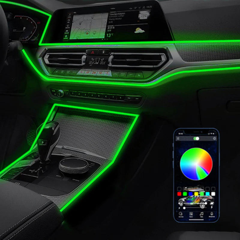 🌈64 Color Fiber Optic Car Ambient Light, No Wiring Cold Light Strip, Bluetooth APP Control Hidden Interior Atmosphere Decor Light for All Vehicles