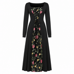 Black Long Sleeve Square Neck Lace Up Corset Maxi Dress with Floral Embroidered Mesh Panel